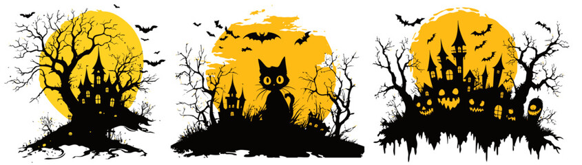 set of creepy haunted houses with halloween elements in black vector illustration