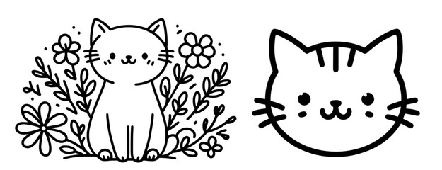 cute cartoon cat line art coloring page black vector illustration