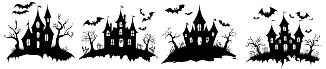 collection of haunted house illustrations for halloween in black vector