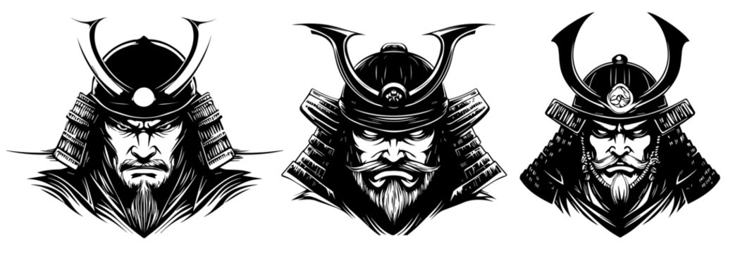 collection of samurai warrior heads with helmets black vector