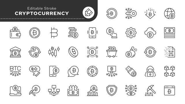 Cryptocurrency and Bitcoin line icon set. Virtual, digital currency, mining, blockchain, electronic cash, payment system and more. Outline vector icon in linear style. Pictogram collection.	