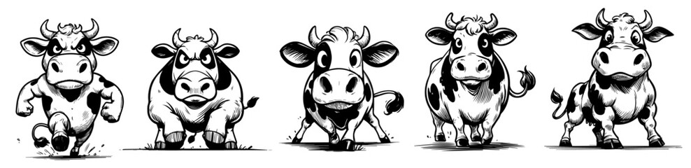 collection of adorable cartoon cows in playful black vector style