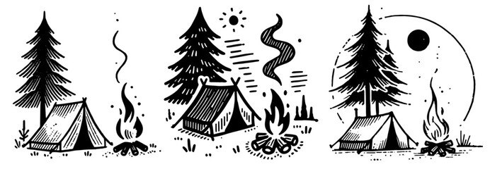 outdoor campsite with tent and fire, black vector © Luka