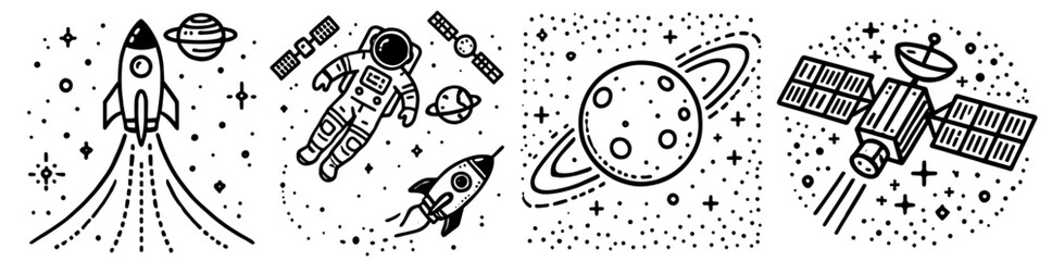 cartoon space collection with planets, rockets, and stars in black vector
