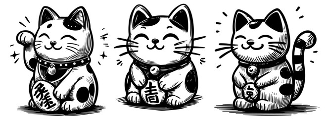 collection of black vector maneki-neko japanese lucky cats illustrations
