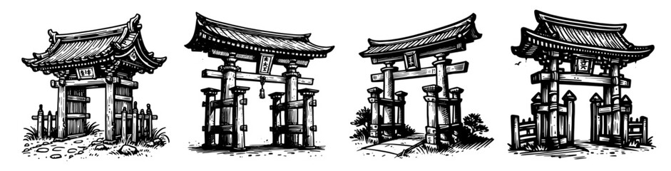 japanese temple entrance gate sketch, hand-drawn black vector illustration