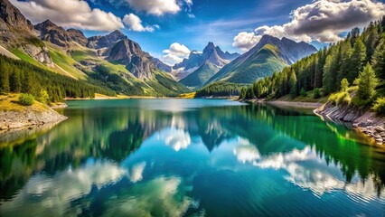 Scenic lake surrounded by mountains at a tilted angle