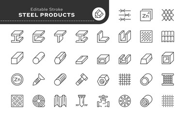 Steel and metal products. Set of line icons in linear style. Beam, pipe, channel, I-beam, reinforcement, mesh, bolt, self-tapping screw, nut, zinc sheet and more. Outline icon collection. Pictogram 
