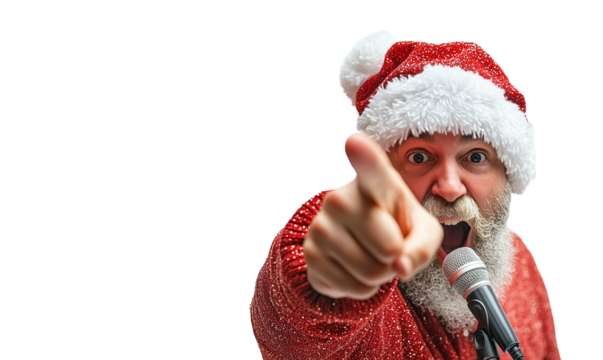 A jovial Santa Claus, pointing at the camera with a playful finger, stands beside an open microphone, offering ample copy space.