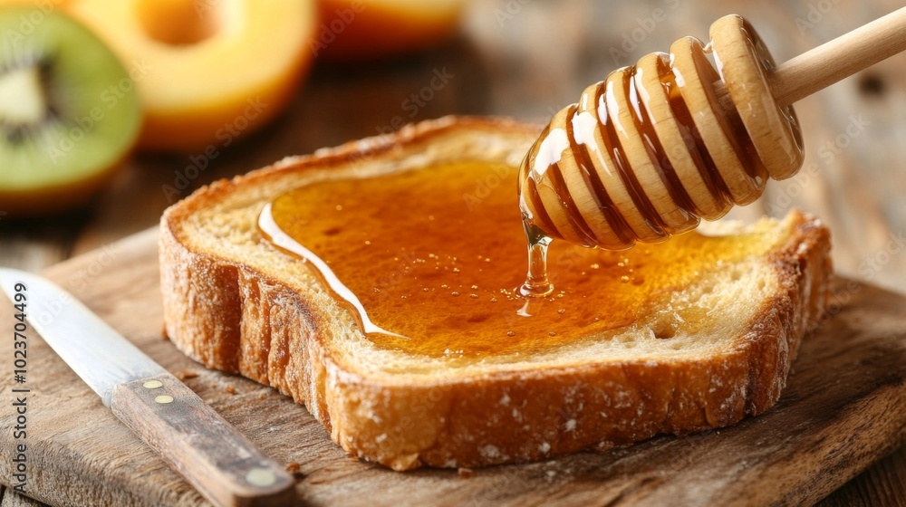 Poster fresh toast with honey drizzle and fruits on table