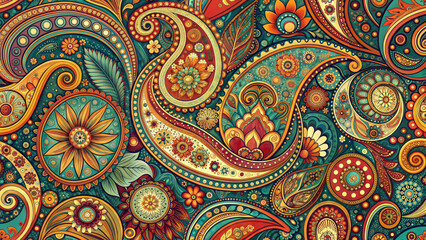 Abstract background with intricate paisley pattern earthy tones, red turquoise color