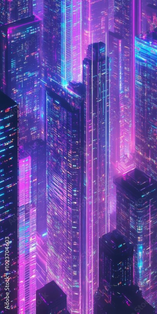 Poster patterned layout of neon-lit skyscrapers in a synthwave aesthetic, forming a repetitive pattern.