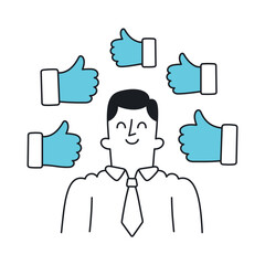 Businessman Surrounded by Thumbs Up Icons. Doodle style with an editable stroke.
