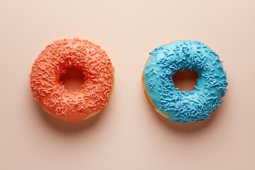 Two donuts with sprinkles on them, one is blue and the other is red