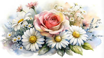 Watercolor painting of elegant rose and daisies in soft hues with delicate flowers and copy space