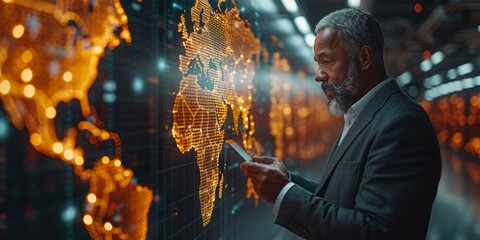 Businessman using a tablet in front of a digital world map displaying global data connections
