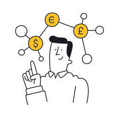 Businessman Connecting Currency Symbols in Doodle Style with an Editable Stroke.