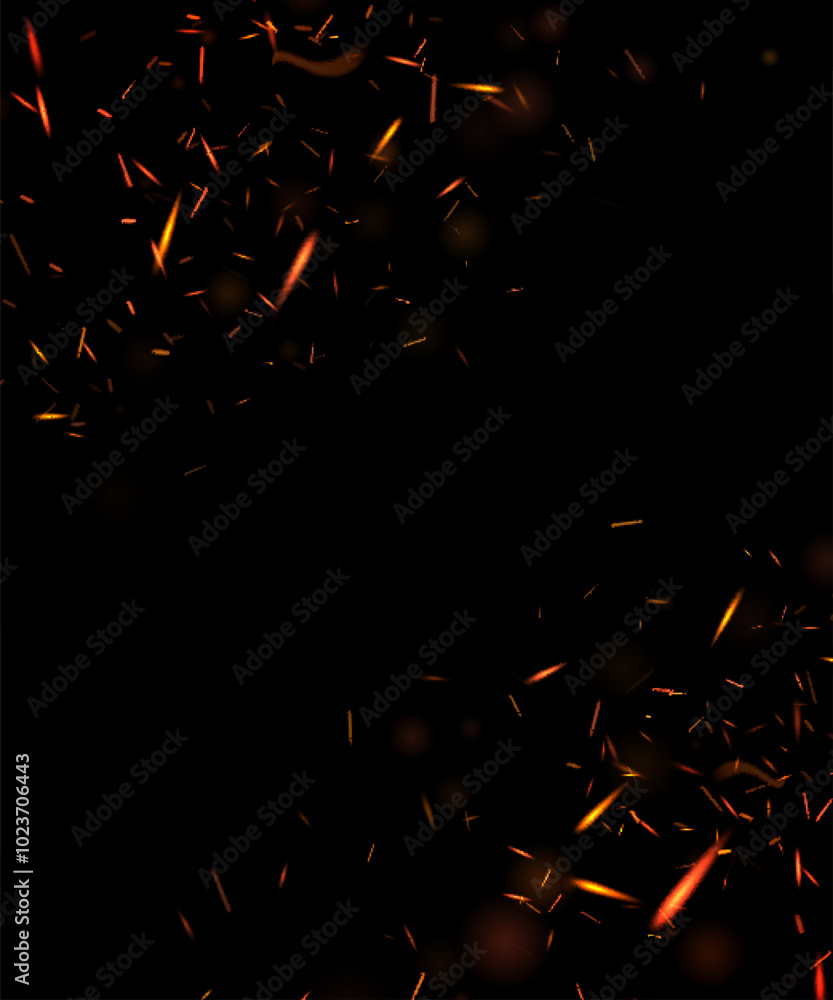 Poster Sparks flame burning fire particles overlay effect for design and illustrations. Flying sparks and flames. Vector