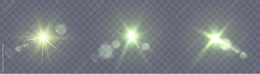 Poster green glowing light effect. sunny bright flare. glow effect. starry flares with shimmering glare. be