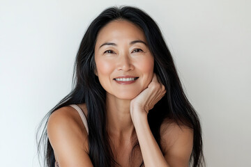 Smiling mature Asian woman with long hair, portrait