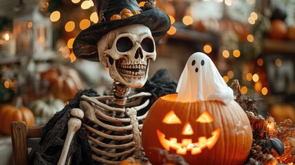 Festive Halloween scene with skeleton and carved pumpkin