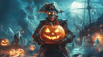 Fototapeta premium Spooky pirate skeleton with glowing pumpkin at haunted harbor