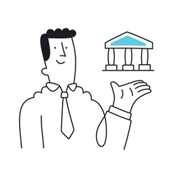 Businessman Presenting a Bank Building Symbol. Doodle style with an editable stroke.