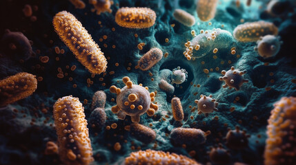 Naklejka premium Electron microscope photo otherworldly microbe world with strange and wonderful shapes, textures, and colors