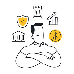 Businessman Surrounded by Financial and Strategic Symbols. Doodle style with an editable stroke.