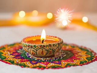 Festive diwali diya on intricately designed rangoli with glowing lights in background