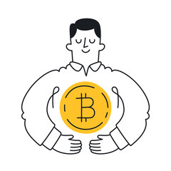 Businessman Hugging Bitcoin Symbol. Doodle style with an editable stroke.