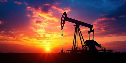 Working Pump jacks On Sunrise. Silhouette of oil pump jack on rig. Oil drilling company growth. Financial and commodity markets, Generative Ai