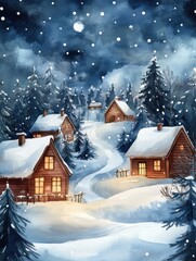 Fototapeta premium Charming winter scene featuring snow-covered cabins nestled among pine trees under a starry night sky. ideal for holiday cards, seasonal posters, or winter-themed designs.