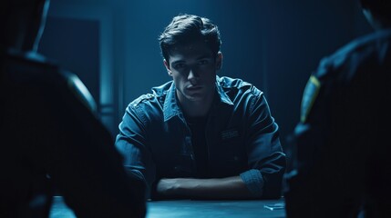 Young man in interrogation room facing officers in dim light