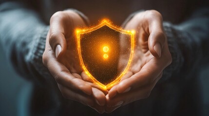 Two Hands Gently Holding a Glowing Digital Shield Symbolizing Protection and Security in a Futuristic Setting