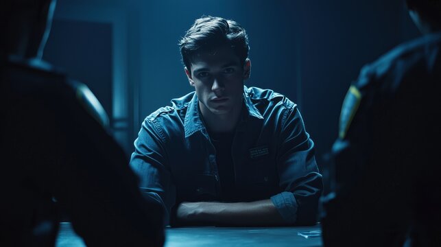 Young man in interrogation room facing officers in dim light