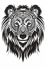 Bear head with tribal designs in a drawing book style.