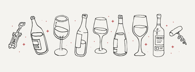 Wine accessories - glasses, bottles, corkscrew. Hand drawn chalk wine illustrations. Collection of whimsical doodle line art. Clipart vintage ink elements for menu, posters. Dolce Vita aesthetic.