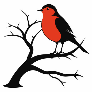 recommend clip art: A robin perched on a tree silhouette vector illustration on white bacground