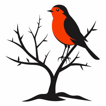 recommend clip art: A robin perched on a tree silhouette vector illustration on white bacground