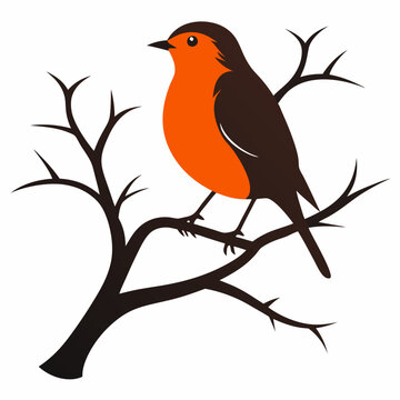 recommend clip art: A robin perched on a tree silhouette vector illustration on white bacground