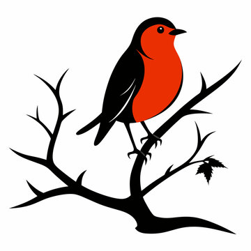 recommend clip art: A robin perched on a tree silhouette vector illustration on white bacground