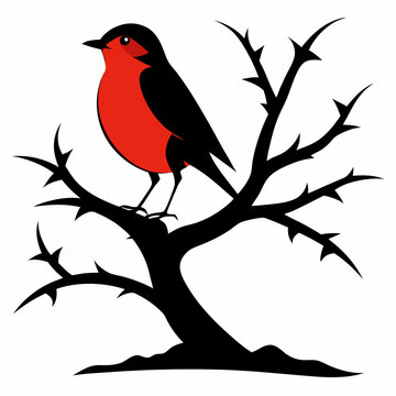 recommend clip art: A robin perched on a tree silhouette vector illustration on white bacground