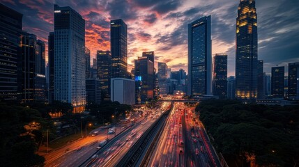 Fototapeta premium Cityscape with Skyscrapers and Traffic at Sunset