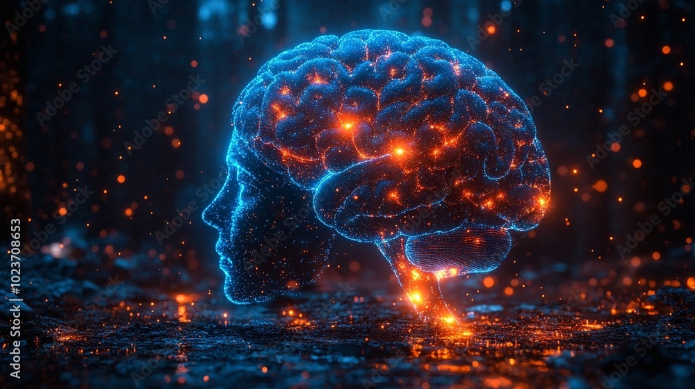 Poster a glowing digital representation of a human brain in blue and orange light, set against a dark backg