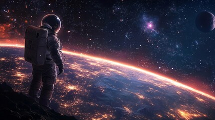 Fototapeta premium An astronaut stands on a dark terrain, gazing at a glowing planet's horizon, illuminated by vibrant orange light. The backdrop features a vast starry galaxy, with distant stars and planets in space.