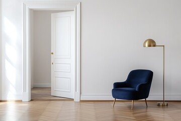Fototapeta premium A blue chair sits in front of a white door