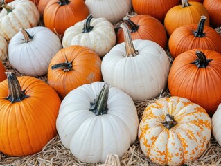 Colorful pumpkins and gourds in various sizes and shapes displayed on straw at a market with white and orange pumpkins as well as long and round gourds creating a vibrant scene