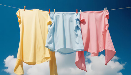 Colorful clean clothes drying on a clothesline outside