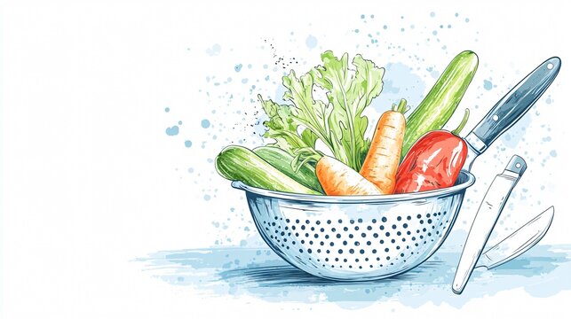 Watercolor illustration of a colander full of fresh vegetables and two knives.